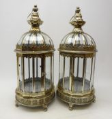 Pair silvered dome top glass lanterns with carry handles,