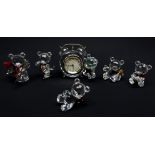 Six Swarovski Crystal Teddy Bears with Tartan scarves including a Skiing figure, Ice Skating,