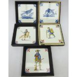 Set of three 18th century style OUD Dutch delft tiles depicting tradesmen and pair blue & white