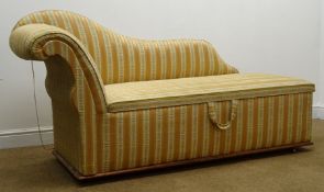 Victorian upholstered ottoman, shaped back with scrolled arm rest and hinged seat,