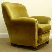 Edwardian Antique Gold velvet upholstered arm chair on turned bun feet, by A Mollis furniture,