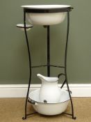 French style wrought metal wash stand with enamel basin, jug, bowl and soap dish,