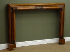 Early 20th century mahogany fire surround, moulded frame with foliage cared detailing, W145cm,