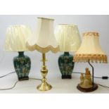 Pair Oriental style table lamps decorated with butterflies amongst foliage on turquoise ground on