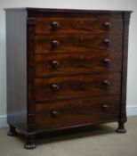 William IV figured mahogany chest, five drawers with turned handles,