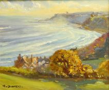 Michelle Saunders (British 1963-): Looking Towards Whitby, oil on board signed 24.5cm x 29.
