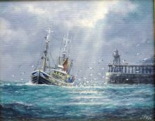 Jack Rigg (British 1927-): Whitby fishing Boat leaving Whitby Harbour,