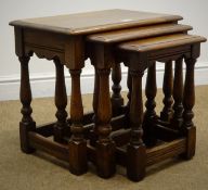 Oak nest of three tables, moulded top, turned supports, W54cm, H48cm,