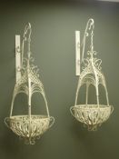 Pair ornate hanging baskets, cream finish with brackets,