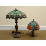 Large Tiffany style table lamp, Dragonfly pattern shade on moulded bronzed base,