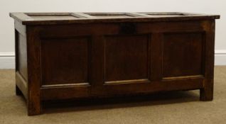 Early 19th century oak coffer, panelled hinged lid, stile end supports, W108cm, H48cm,