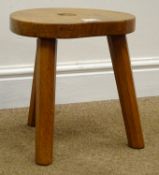 Bob 'Wrenman' Hunter (ex-Mouseman) three legged oak stool with kidney shaped top, W31cm, H31cm,