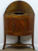 Georgian style inlaid mahogany corner washstand, raised shaped back,