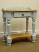 Solid pine painted bedside lamp table, raised shaped back, single drawer,