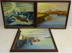 Whitby Harbour, three 20th century oils on board, signed Gordon Harley,