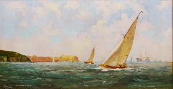 Don Micklethwaite (British 1936-): Sailing Boats off Cornelian Bay Scarborough,