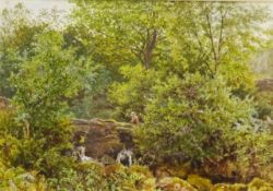 James Smith Morland (British 1846-1921): Lady Foraging in the Woods by a Stream and Figure Fishing