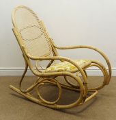 Bentwood style bamboo rocking chair, cane splat, upholstered seat,