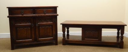 Old Charm oak side cabinet, two drawers above two linen fold panel, doors,