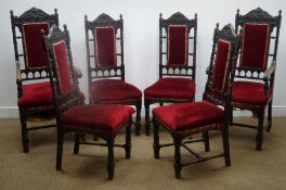 Set six (4+2) Victorian carved oak Carolean style dining chairs, acorn finials,