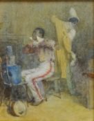 Performers Changing for the Show, 19th/early 20th century watercolour signed with initials EC 14.