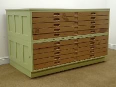 Large painted plans chest, ten drawers, plinth base, lime green painted finish, W148cm, H92cm,