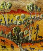Aboriginal figure in the Outback, 20th century painting on bark unsigned 34cm x 29.