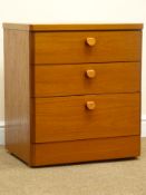 Stag teak bedside chest of three drawers with shaped handles, W57cm, H65cm,
