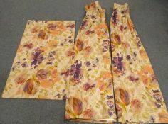 Pair thermal lined beige ground curtains with floral pattern (W260cm,