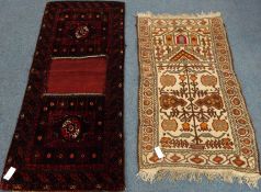 Persian style beige ground prayer rug (131cm x 76cm) and a dark red ground rug (163cm x 72cm) (2)