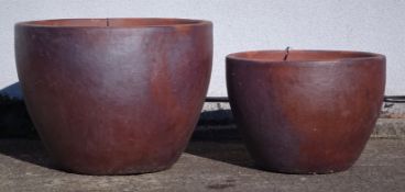 Set two graduating rustic terracotta flower bowls, frost free pottery (D68cm, H52cm,