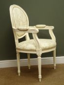 French style cream painted spoon back chair, upholstered in a beige and gold coloured fabric,