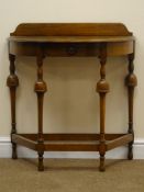 20th century oak D shaped side table with single drawer, on turned supports, W77cm, H81cm,