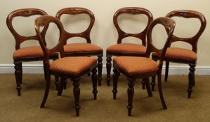 Set six Victorian style sapele balloon back dining chairs, upholstered seat, turned supports,