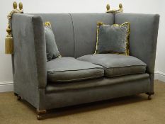 Edwardian Knoll two seat settee, upholstered in a sea grey fabric,