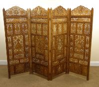 Eastern hardwood screen, with four carved and pierced arched top panels, W208cm,