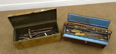 Two metal tool boxes with a quantity of vintage hand tools and a quantity of engineering books