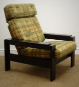 Ebonised upholstered armchair, W78cm, H94cm,