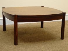Rosewood square coffee table with reversible white and natural finish top, turned supports, W70cm,