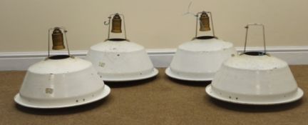 Set of four industrial white enamel pendant light fittings, three having a three tier diffuser,