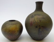 Raku fired vase decorated with leaf motif below reeded neck, H19cm and another,