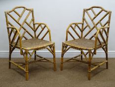 Pair Bamboo Chippendale style armchairs, cane work seats,