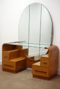 G-Plan golden oak and walnut kneehole dressing table with three section oval mirror glass top above