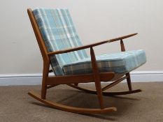 1960's vintage Scandart elm and beech framed rocking chair, shaped arms, turned tapering supports,