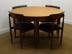 G-Plan circular cross banded teak extending dining table, turned tapering supports (W168cm, H74cm,