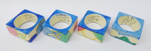 Four Art Deco Clarice Cliff Fantasque Bizarre square napkin rings,