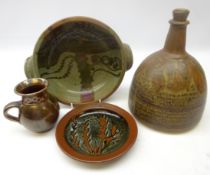 Oldrich Asenbryl stoneware decanter & stopper, H26cm, Laurie Short stoneware dish,