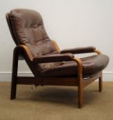 Scandinavian 'Gote-Mobler' buttoned chocolate leather reclining chair, plywood frame, W78cm, H82cm,