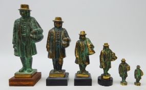 Graduated set of six Swedish patinated bronze figures of 'Knalle' for 10 years service by Nils