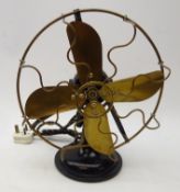 1920's industrial GEC style desk fan, painted cast iron base with brass blades and guard, re-wired,